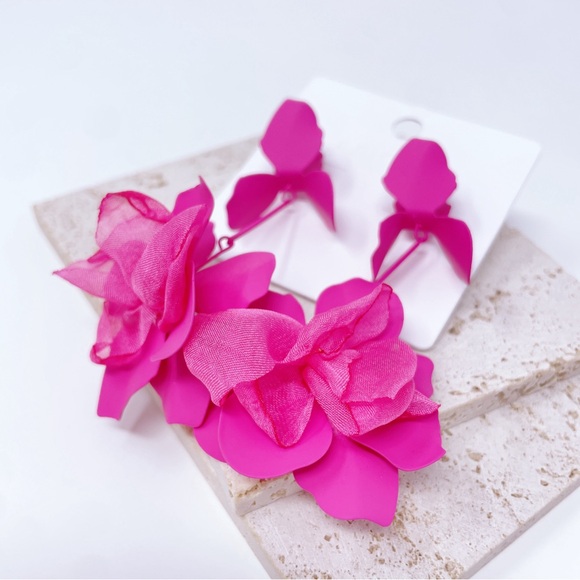 Pink Flower Statement Earrings - Picture 5 of 5